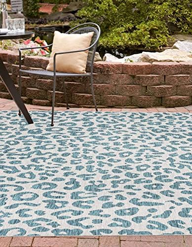Unique Loom Outdoor Safari Collection Area Rug - Leopard (10' 8" Square, Teal/ Ivory) - Image 4