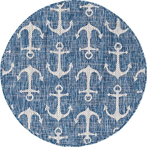 Unique Loom Outdoor Coastal Collection Area Rug - Ahoy (3' 3" Round, Blue/ Ivory) - Image 3