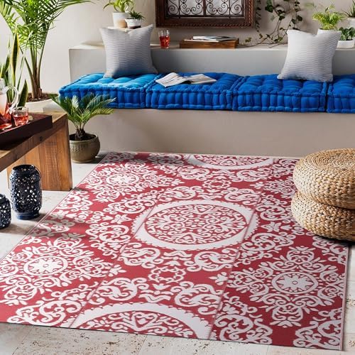 NUU GARDEN Outdoor Rug, Plastic Straw Foldable Area Rug Indoor Outdoor Carpet for Patio Decor Balcony Camping Picnic RV, 6 ft x 9 ft, Red and White - Image 3