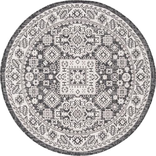 Rugs.com - Outdoor Aztec Rug – 4 Ft Round Charcoal Gray Washable Indoor/Outdoor Rug – Flatweave Tribal Design for Patios, Decks, and Porches - Image 3