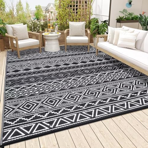 Reversible Mat 8x10 Plastic Straw Rug Outdoor Rug Bohemian Area Rug Waterproof Patio Rug Outdoor Camping Rug for RV Porch Deck Camper Balcony Backyard Easy Cleaning Picnic Mat Black White by Unknown