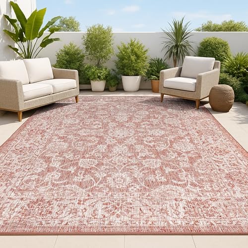 JONATHAN Y Weave Floral Indoor Outdoor Area Rug 4X6 Red/Taupe, Tela Bohemian Textured for Backyard, Patio, Porch, Easy-Cleaning, High Traffic, Pet-Friendly, Non-Shedding (SMB100A-4) by JONATHANY