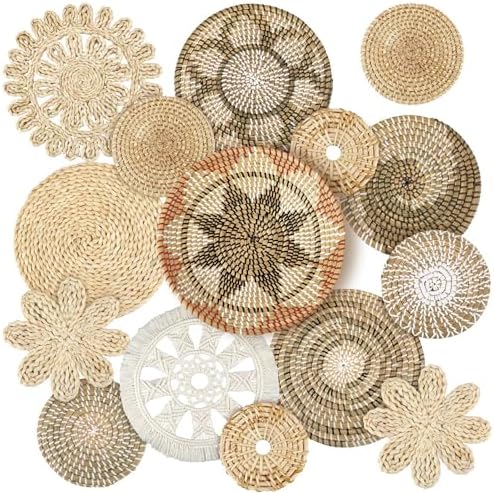Xuhal 15 Pcs Boho Wall Basket Decor Handcrafted Seagrass Woven Wall Basket Rustic Round Woven Hanging Art for Home Farmhouse Kitchen Table Living Room(Classic Style) by Xuhal