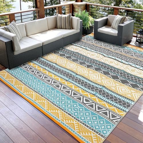 GAOMON Outdoor Plastic Straw Rug, 10'x20' Reversible Sage Green Patio Mat, Flower Modern Design for RV, Backyard, Deck, Camping, Picnic, Teal/Yellow(Bohemia) - Image 6
