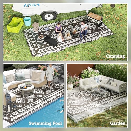 Outsunny Outdoor Rug for Patio Waterproof 9' x 18' Black & White Rhombus - Image 5