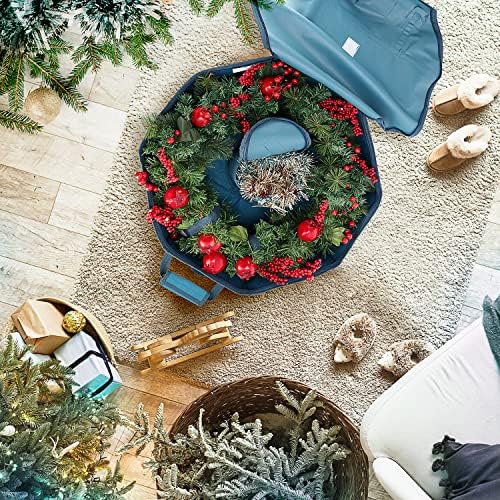 Hearth & Harbor Container-Hard Shell Christmas Bag with Interior Pockets, Dual Zipper and Handles-Premium Wreath Storage Organizer Box, 36", Blue - Image 2