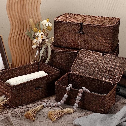 Woanger Set of 4 Wicker Baskets with Lids, Coffee - Image 3
