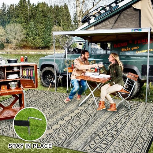 GAOMON Outdoor Rug Waterproof 8'x10', Reversible Outdoor Plastic Straw Rug, Boho Patio Rug, Indoor Outdoor Carpet, RV Mat Outside for Patio, Camp, Picnic, Balcony, Deck, Black/Coffee(Bohemia) - Image 2
