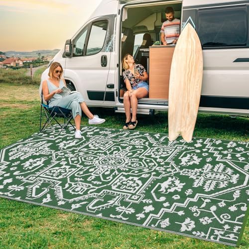 GAOMON 9x18 Outdoor Rug Waterproof for Patio Picnic Non Shedding Plastic Straw Reversible Large Outdoor Rug for Front Back Door Pool RV Portable Boho Vintage Floral Carpet Outside Decor, Green White - Image 3
