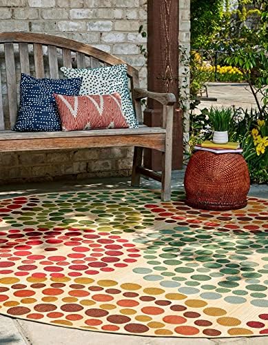 Unique Loom Outdoor Modern Collection Area Rug - Spark (7' 1" Round, Beige/ Burgundy) - Image 4