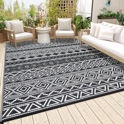 Large Outdoor Rug 10x14 Plastic Straw Rug for Patio Boho Reversible Mats Waterproof Camping Rug for RV Camping Beach Deck Picnic Backyard Camping Porch Easy Cleaning Floor Mat Black White by Unknown