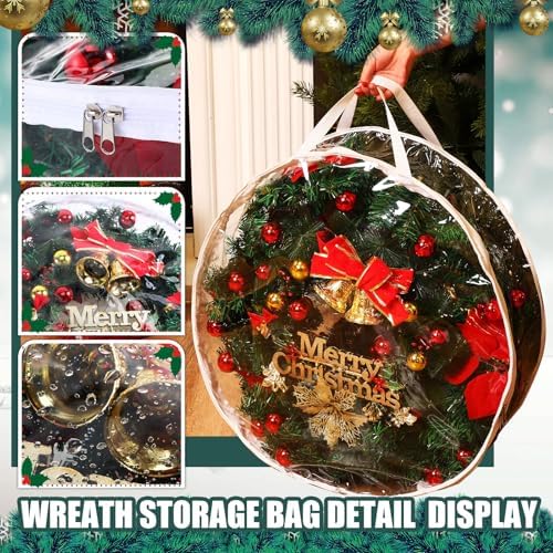 Zhengmy 15 Pcs 24 Inch Christmas Wreath Storage Bags Transparent Wreath Storage Container Bulk Wreaths Box with Dual Zippers and Handles for Xmas Holiday Wreaths Garland - Image 4