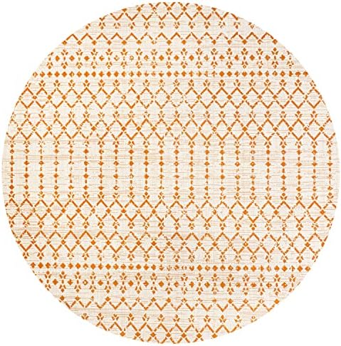 Eyely Moroccan Woven Round Rug 5 Ft Cream/Orange, Indoor Outdoor Rug - Image 3
