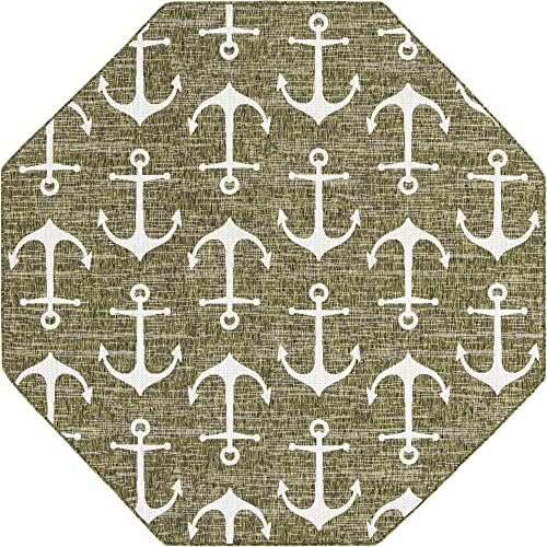Unique Loom Outdoor Coastal Collection Area Rug - Ahoy (7' 10" Octagon, Green/ Ivory) - Image 3