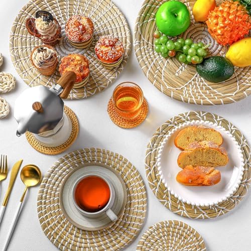 11 Pcs Boho Hanging Wall Basket Decor Handmade Woven Basket Wall Decorative Boho Wicker Baskets Placemats Round Farmhouse Bulrush Art for Rustic Home Decorations Christmas Gift(Fresh) - Image 6