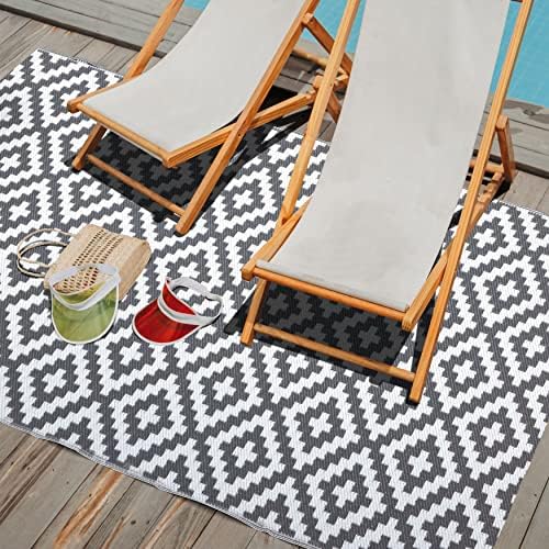 NUU GARDEN Outdoor Rug Plaid Reversible Mats Modern Area Rugs, Plastic Straw Rug, Large Floor Mat and Rug for Outdoors, RV, Backyard, Deck, Picnic, Beach, Grey and White, 5 * 7 ft by NUUGARDENCORPORATION