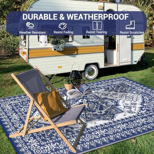 COZYLOOM Outdoor Rug Waterproof 10x14 Reversible Outdoor Plastic Straw Rugs Oriental Medallion Patio Rug Indoor Outdoor Carpet RV Mat for Deck Backyard Patio RV Camping Beach, Dark Blue and White - Image 6