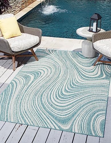 Unique Loom Outdoor Modern Collection Area Rug - Pool (4' 1" x 6' 1" Rectangle, Light Aqua/ Blue) - Image 2