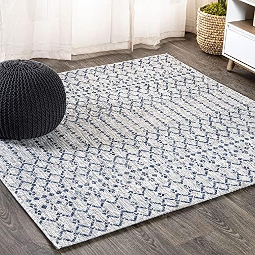 Eyely Moroccan Woven Square Rug 5X5 Light Gray/Navy, Indoor Outdoor Rug by eyely