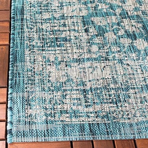 SAFAVIEH Washable Rug Outdoor Courtyard Collection - 4' x 5'7", Teal & Cream, Non-Shedding & Easy Cleaning, Ideal for Patio, Backyard, Mudroom (CY8720-372) - Image 6