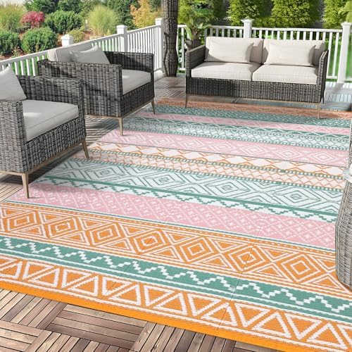 GlowSol Waterproof Outdoor Rug 9x18 Reversible Plastic Straw Patio Camping Rug with Carry Bag, Boho Large Outdoor RV Mat Rugs for Deck,Camper,Porch,Balcony,Backyard,Picnic,Beach,Orange/Pink/Green - Image 7