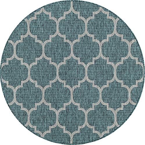 Unique Loom Outdoor Trellis Collection Area Rug (5' 1" Round, Teal/ Gray) - Image 3