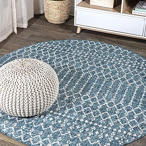 Eyely Moroccan Textured Weave Round Rug 5 Ft Teal/Gray, Indoor Outdoor Rug by eyely
