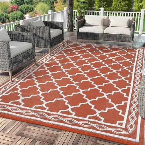 GAOMON Outdoor Plastic Straw Rug, 10'x20' Reversible Sage Green Patio Mat, Flower Modern Design for RV, Backyard, Deck, Camping, Picnic, Orange/White(Geometric) - Image 2