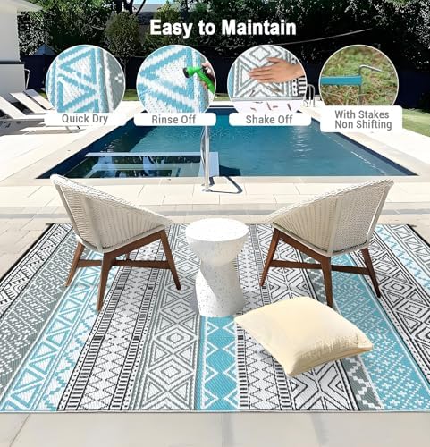 GlowSol Outdoor Rugs 9x12 Waterproof Portable Camping Carpet, Reversible Outdoor Plastic Straw Rug for Patio, RV Mat Bohemian Outdoor Rugs for Porch, Deck, Backyard, Balcony, Picnic,Blue/Grey - Image 6