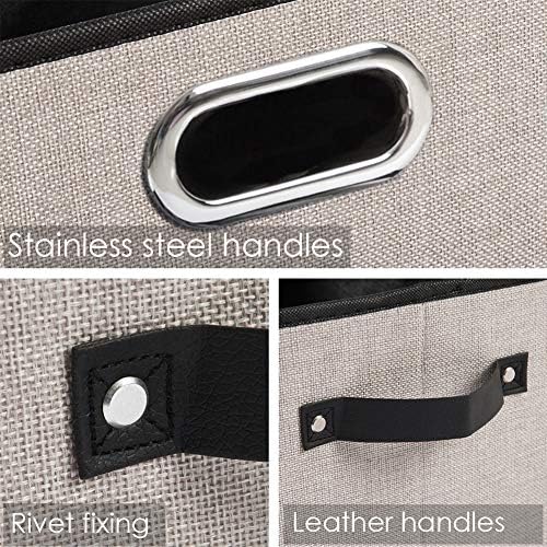 PRANDOM Large Fodable Storage Bins for Closet [5-pack] Decorative Linen Fabric Storage Bins Cubes with Leather/Metal Handles for Shelves Bedroom Living Room Light Grey (14.9x9.8x8.3 Inch) - Image 4
