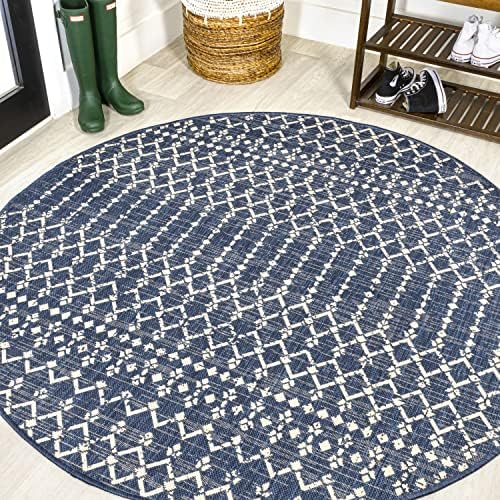 Eyely Moroccan Textured Weave Round Rug 4 Ft Navy/Beige, Indoor Outdoor Rug by eyely