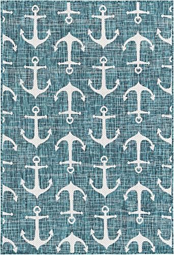 Unique Loom Outdoor Coastal Collection Area Rug - Ahoy (4' 1" x 6' 1" Rectangle, Teal/ Ivory) - Image 2