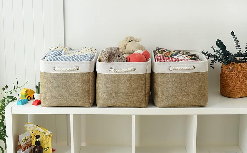 TheWarmHome Organization and Storage Basket for Gifts Empty - 16x12x12 inch Cube Storage bin 3 Pack Fabric Storage Cubes, Collapsible Baskets for Organizer Closet Cloth Gift Toy (White & Khaki) - Image 4