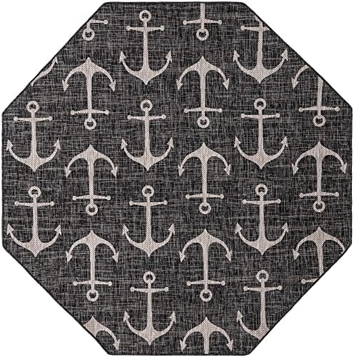 Unique Loom Outdoor Coastal Collection Area Rug - Ahoy (7' 10" Octagon, Charcoal/ Ivory) - Image 3