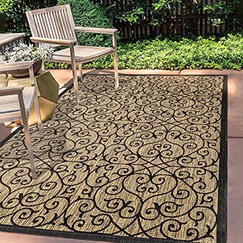 Eyely Filigree Textured Weave Area Rug 5X8 Black/Khaki, Indoor Outdoor Rug by eyely