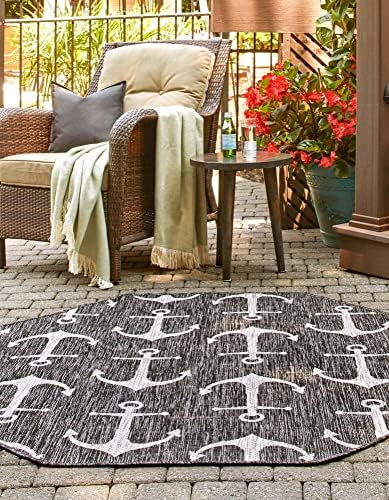 Unique Loom Outdoor Coastal Collection Area Rug - Ahoy (7' 10" Octagon, Charcoal/ Ivory) - Image 4