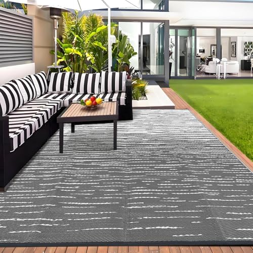 Outdoor Rug 8x10 Waterproof Patio Rugs Abstarct Line Reversible Mat for Front Door Rv Foldable Plastic Straw Carpet for Travel Trailers, Deck, Picnic, Porch, Camper, Balcony, Beach，Grey - Image 3