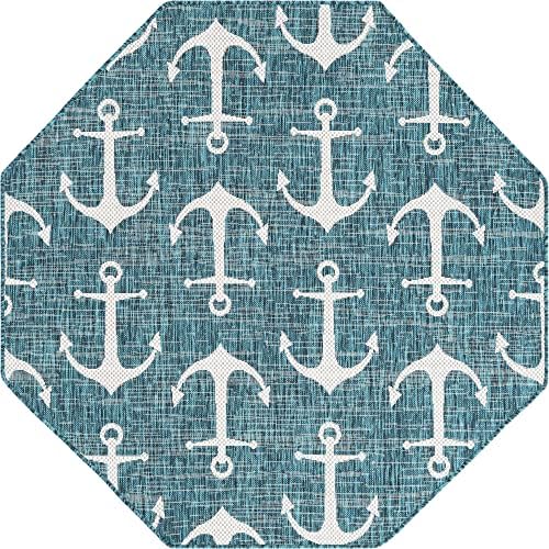 Unique Loom Outdoor Coastal Collection Area Rug - Ahoy (5' 3" Octagon, Teal/ Ivory) - Image 3