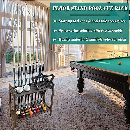 Pool Stick Holder Floor Stand Holds 9 Cues & Pool Table Accessories. Wooden 2-Tier Cue Stick Storage with Ball Rack Hangers, Billiard Cone Chalk Holder or Drink Pads - Image 5
