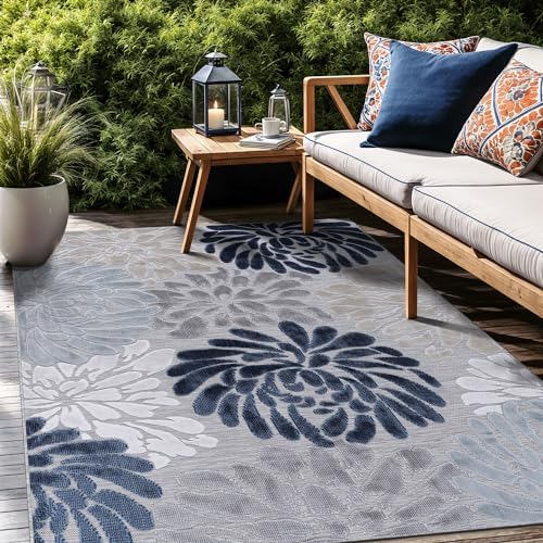 Luul Home Floral Indoor Outdoor Rugs 6x9 Large Area Rug for Living Room, Patio Decor, Kitchen, and Entryway Rug, Washable Stain Resistant Outside Carpet Blue 6 x 9 by Unknown