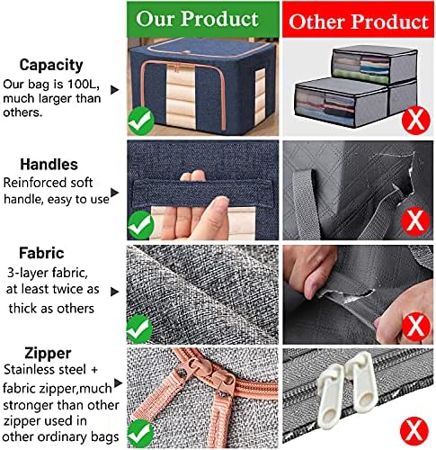 Large Storage Bags,Foldable Storage Bins with Hold Shape Metal Frame,Closet Organizer Containers with Zipper,Clear Window,Thick Fabric for Seasonal Clothing,Bedding (66L x 3 Pack) - Image 4