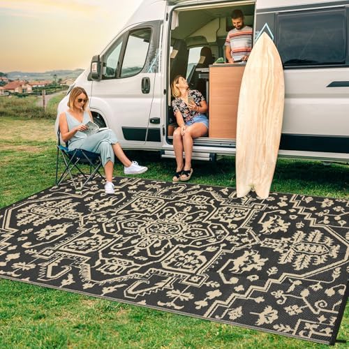 GAOMON 9x12 Waterproof Outdoor Rug for Patio Reversible Plastic Straw Rug Easy to Clean Vintage Floral Picnic Rug Fold Portable Carpet for Patio RV Deck Balcony Backyard Cmping Beach, Black Brown - Image 3