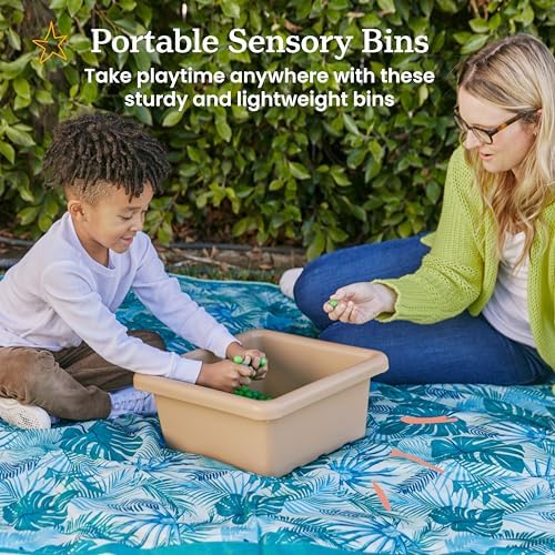 ECR4Kids Stackable Square Bins with Non-Snap Lids, Multipurpose Organization, Sand, 2-Pack - Image 3