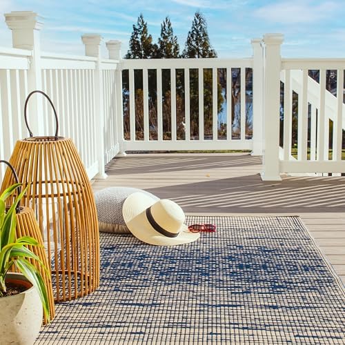 Fab Habitat Outdoor Rug - Waterproof, Fade Resistant, Crease-Free - Premium Recycled Plastic - Distressed Abstract Stripes - Large Patio, Deck, Sunroom, Camping, RV - Brooklyn - Blue - 6 x 9 ft by FabHabitat