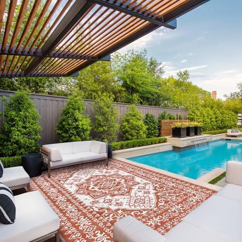 Boho 8x10 Plastic Straw Rug Reversible Mat Outdoor Medallion Area Rug Waterproof Patio Rugs Outdoor Camping Rugs for RV Porch Deck Camper Balcony Backyard Easy Clean Picnic Mat, Orange - Image 3