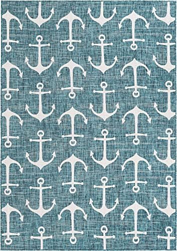 Unique Loom Outdoor Coastal Collection Area Rug - Ahoy (7' 1" x 10' Rectangle, Teal/ Ivory) - Image 3