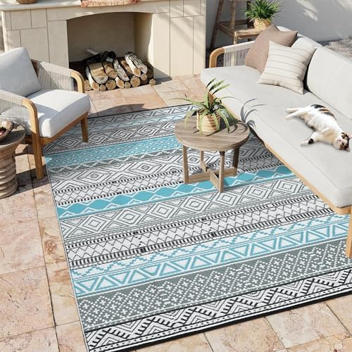 Outdoor Plastic Straw Rug 9x18 Large Floor Mat Boho Waterproof Rug for Patio Reversible Rug for Outdoors RV Beach Patio Camping Backyard Deck Picnic Camping Outside Grey Teal - Image 7