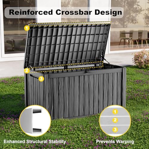 Outdoor Waterproof Resin Storage Deck Box Lockable Outside Bench UV Resistant Bin Patio Porch Furniture Pool Float Garden Tool Cushion (Black, 200 Gallon) - Image 3