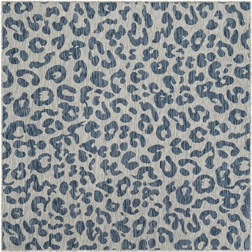 Unique Loom Outdoor Safari Collection Area Rug - Leopard (6' 1" Square Blue/Gray) - Image 2