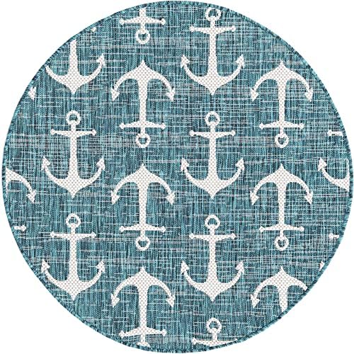 Unique Loom Outdoor Coastal Collection Area Rug - Ahoy (4' 1" Round, Teal/ Ivory) - Image 3